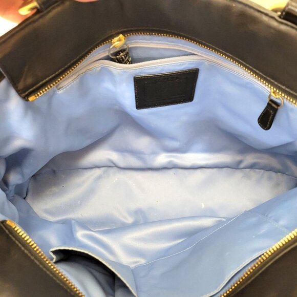 Coach Black Leather Tote Handbag With Gold Hardware & Blue Lining - Picture 6 of 9